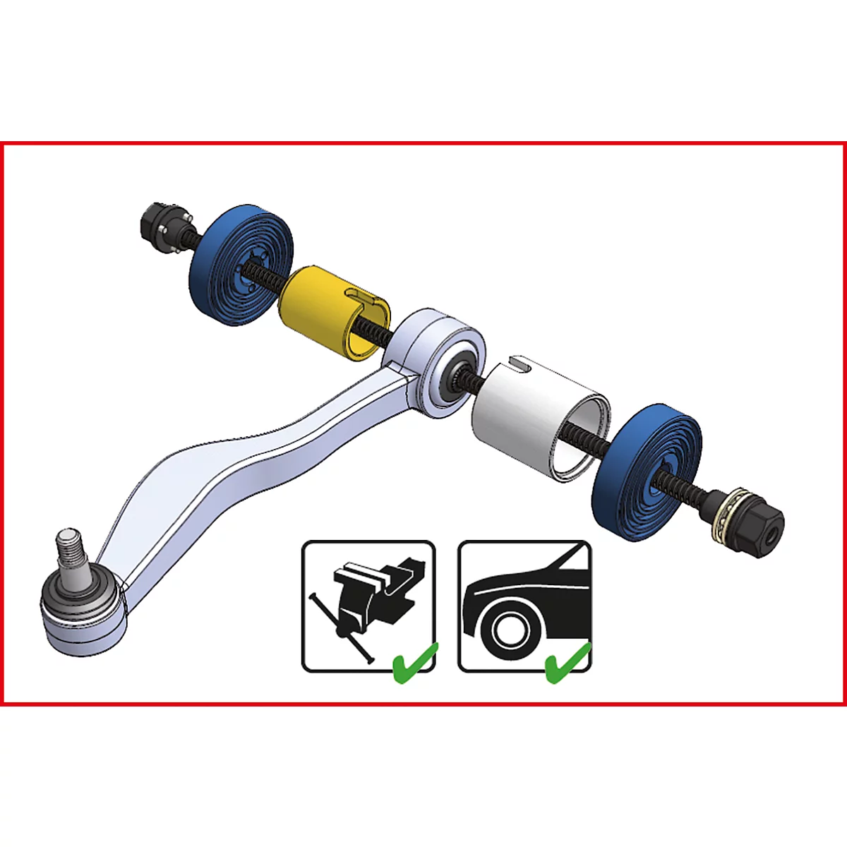 Explosionszeichnung eines Fahrzeugteils mit Schrauben und Muttern. Zwei Symbole mit Häkchen: Schraubstock, Rad.